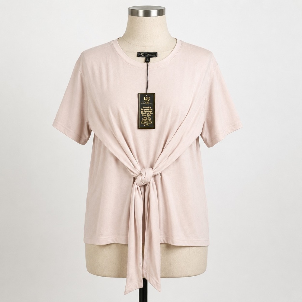 D2 Womens Blush Pink Tie Front Top Large NWT Short‎ Sleeve Knit Casual Shirt